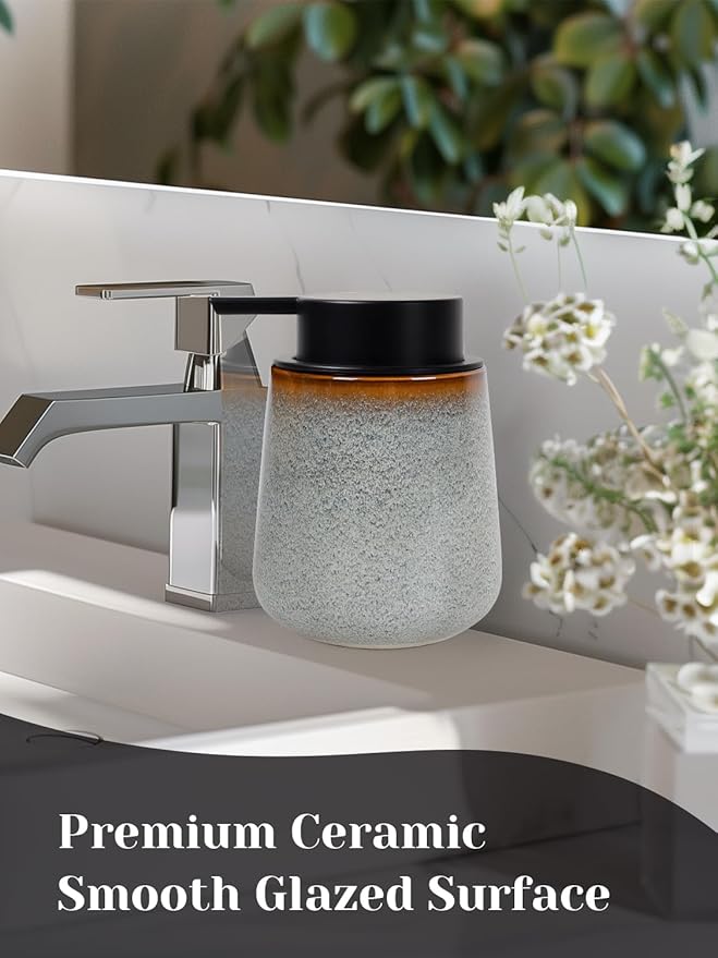 INGOFIN Ceramic Lotion Dispenser - 12 oz Refillable Hand Soap Dispenser Bathroom, Modern Liquid Dispenser with Pump, Dish Soap Dispenser for Kitchen, Kiln-Glazed Grey White