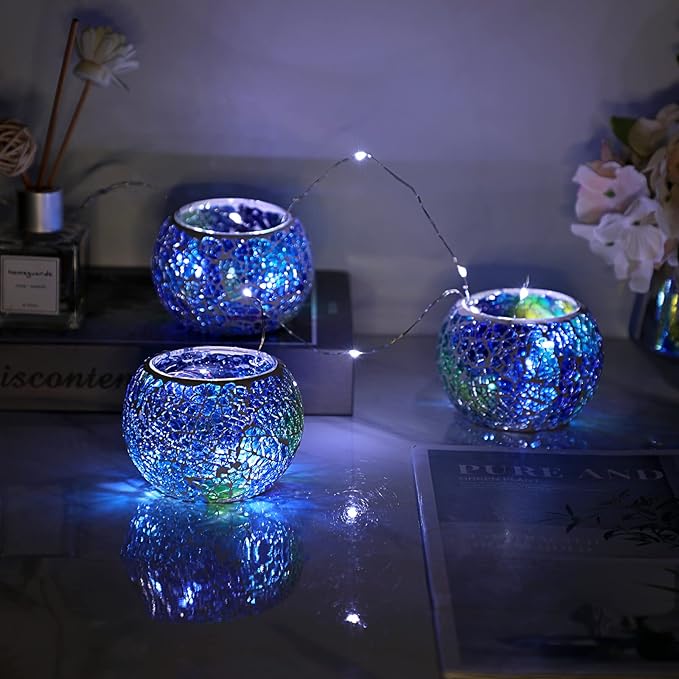 OwnMy Set of 3 Blue Mosaic Glass Tea Light Holders Round Bowl Votive Candle Holders Pillar Candle Stands, Glass Mosaic Tealight Holders Potted Plant Bowl Vase Candle Centerpiece for Table Wedding