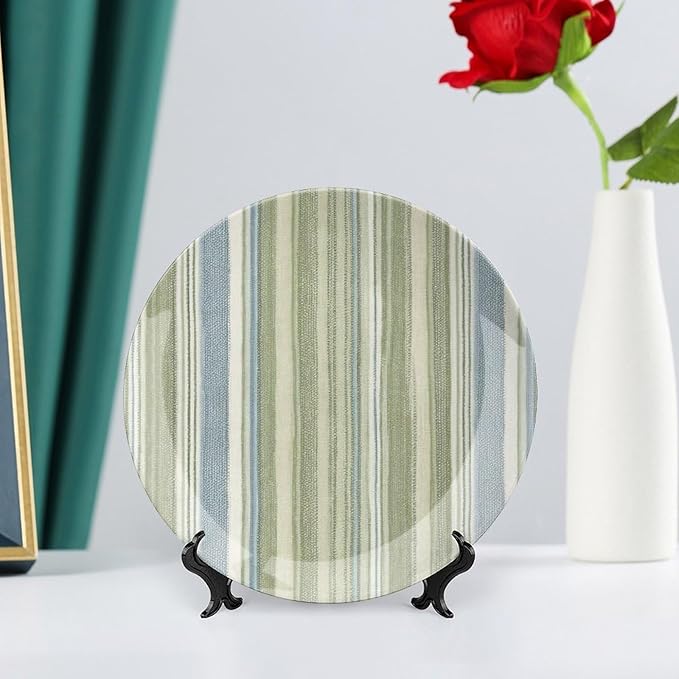 Christmas Plates Ceramic for Display Spring Sage Green Stripes Housewarming Gifts Art Decoration Supplies Wall Art Hanging Plate with Display Stand Personalized Gifts for Men Women, 6", 7", 8", 10"