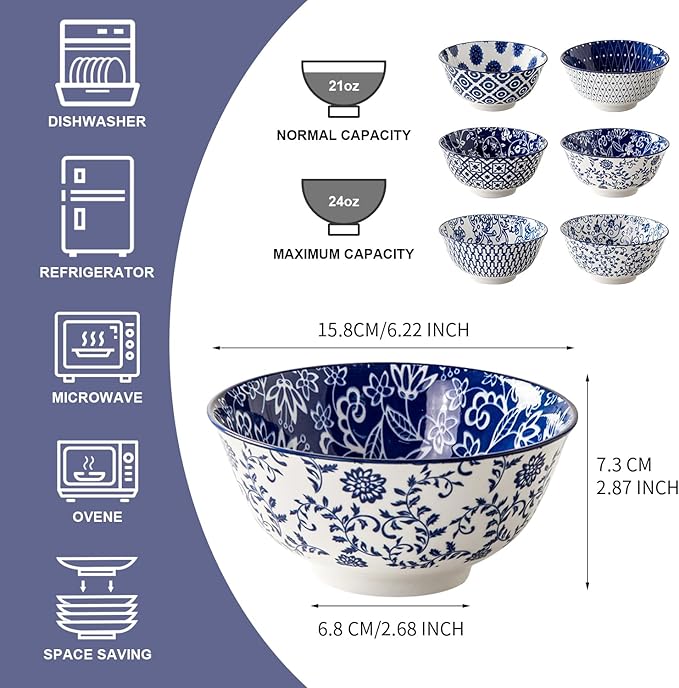 Ceramic Soup Bowls Set - 24 Oz Porcelain Deep Cereal Bowl - 6 Inch Large Dinner Bowl Kitchen Eating Pasta Salad Rice Oatmeal Noodle Snack - Microwave Dishwasher Safe - Set of 6 - Vintage Blue