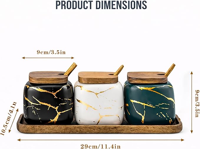 Ceramic Spice Jars Porcelain Condiment Jars Set Marble Ceramic Seasoning Box 3pcs Condiment Pots for salt, sugar, pepper Kitchen Seasoning Condiment Jar Set （Color mixing）