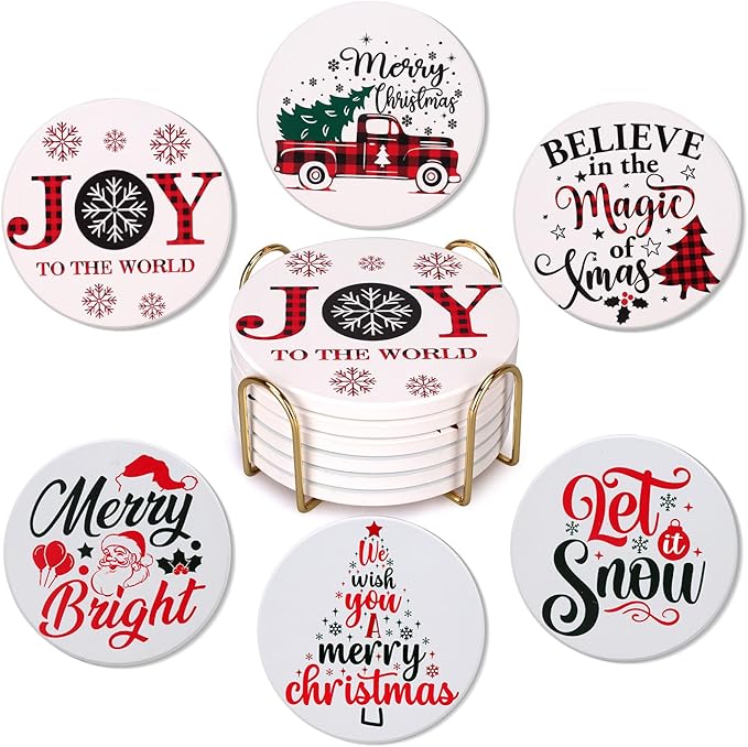 6 Pcs Ceramic Christmas Coasters with Holder Best Absorbent Drink Coasters Set Cute Xmas Holiday Coaster Set Coffee Table Decor Funny Christmas Decoration Housewarming Gift Festive Cup Coasters