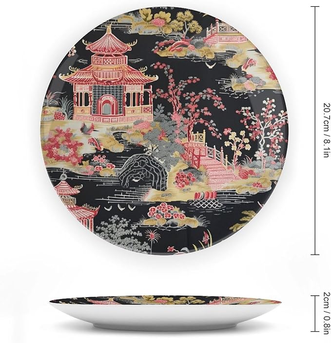 China Plates Chinoiserie Charcoal Coral Pagoda Asian Customize Decor for Household Farmhouse Housewarming Gifts Club Dinner Plates with Vertical Stand, Multi Sizes by Choosing, Gifts for Men Women
