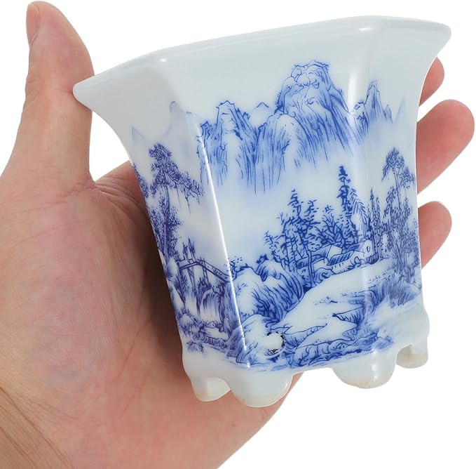 Blue and White Porcelain Plant Pot, Asian Ceramic Succulent Planter for Indoor Balcony, Oval Small Garden Planter with Decorative Floral Pattern