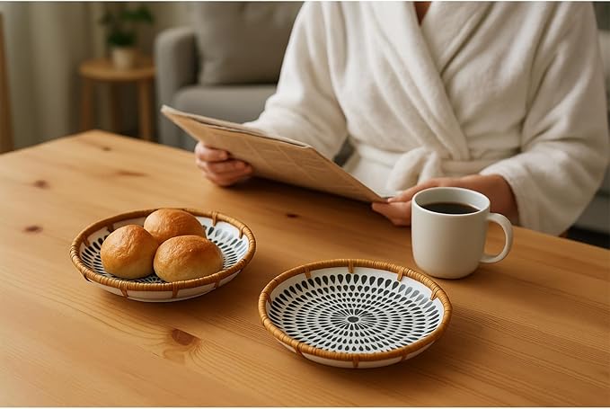 Round Rattan Ceramic Tray, Wicker Fruit/Bread/Cookie/Jewelry Small Storage Porcelain Serving Plate, Vintage Decorative Display Plate for Coffee Table Home Decor Wedding Party Gift （Black Waterdrop）
