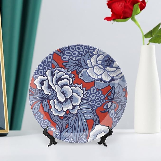 Red And Blue Chinoiserie Peony Floral Decorative Plate of 6", 7", 9", 10", Personalized Colorful Chinoiserie Flower Dinner Plates, Display Club Decorations Wedding, Including Bracket And Special Hook