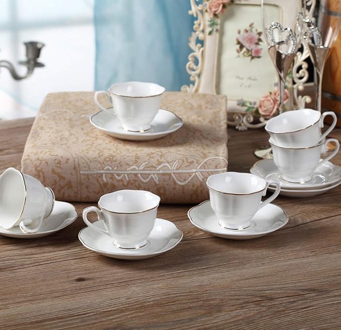 Guangyang 12 pieces Fine Porcelain 2.5oz Cups and Saucers set of 6 Turkish Coffee Cup set for Double Espresso White Color with Gold Trim