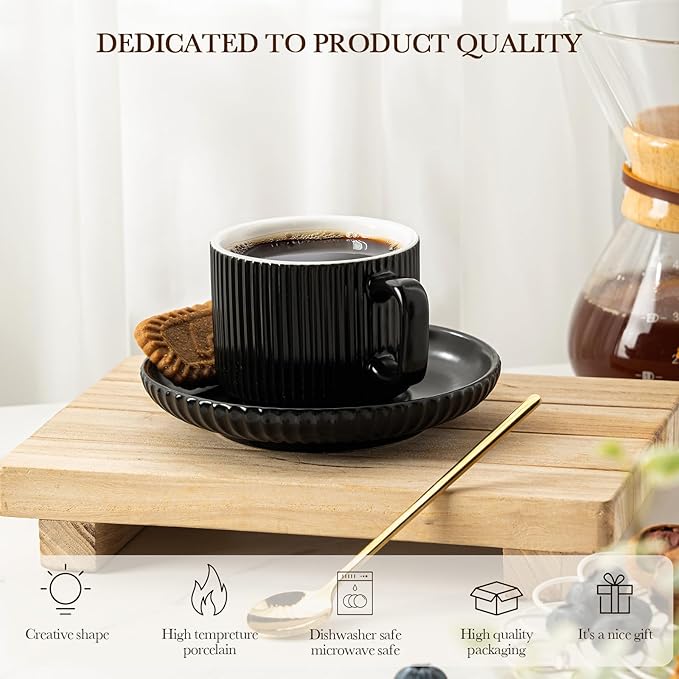 5 Ounce Espresso Cups Set of 4, Small Coffee Cups with Saucers and Spoons, Black Ceramic Demitasse Espresso Mugs
