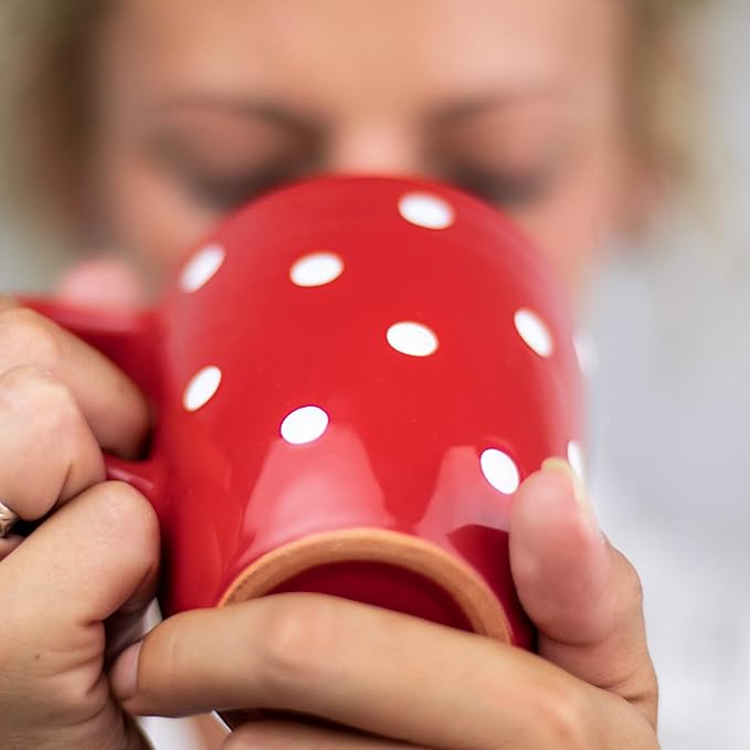 City to Cottage Ceramic Cappuccino Mug with Large Handle, 10oz Coffee Mug for Latte Hot Chocholate Tea, Daily Morning Dring at Home Office Work, Christmas Housewarming Gift Red Polka Dot