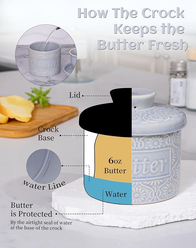 TEATALK Ceramic French Butter Crock - Vintage Relief Pattern Butter Keeper with Water Seal, 6.7oz Sky Blue Butter Dish for Fresh Spreadable Butter, Farmhouse Kitchen Decor & Gift