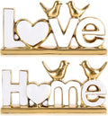 Ceramic Love & Home Sign Decor with Bird Statues Set 2,10" Modern White Gold Tabletop Sculptures for TV Stand,Floating Shelf & Entryway,Romantic Wedding & Warm Housewarming Gift Set (White)