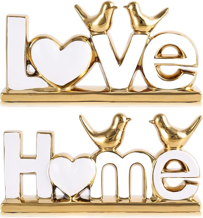 Ceramic Love & Home Sign Decor with Bird Statues Set 2,10" Modern White Gold Tabletop Sculptures for TV Stand,Floating Shelf & Entryway,Romantic Wedding & Warm Housewarming Gift Set (White)