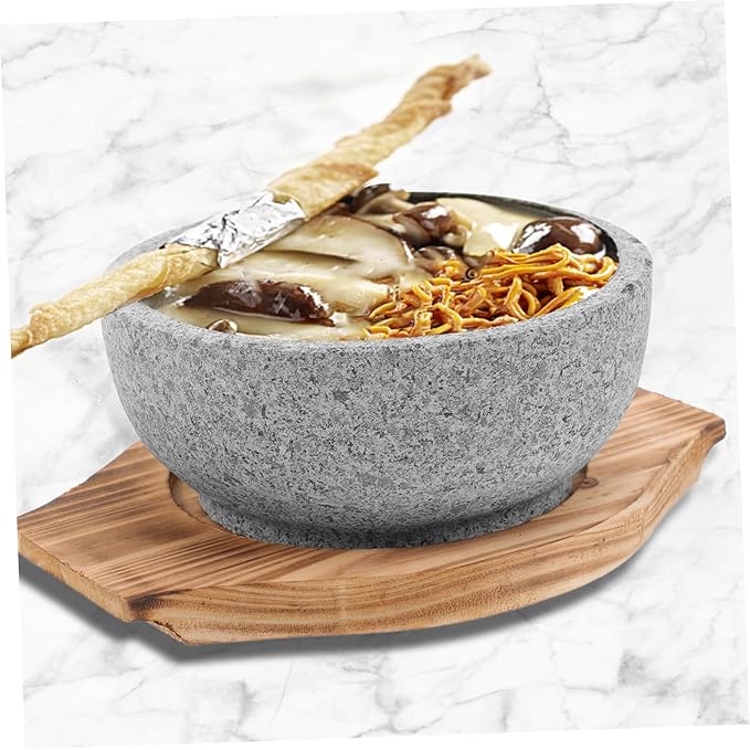 ABOOFAN Large Korean Stone Pot Bowl Deep Bibimbap Bowl Korean Style Serving Natural Stone Carbonized Wood Trivet