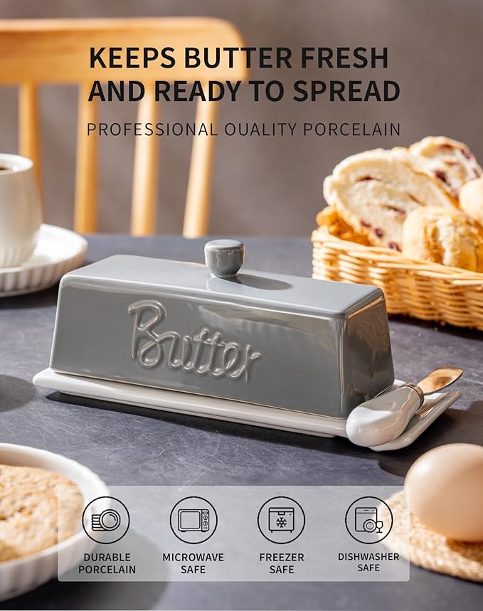 TEATALK Ceramic Butter Dish with Lid and Knife - Large Butter Holder, Farmhouse Style, 8-Inch Porcelain Butter Keeper with Scraper Edge, Grey