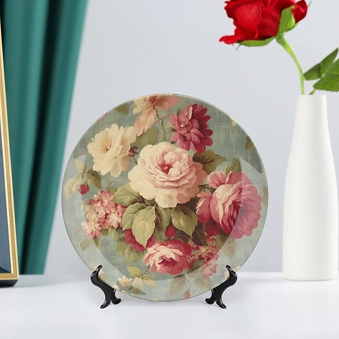 Pink Cabbage Roses Romantic Aqua Ceramic Decorative Plate, Custom Ceramic Dinner Plates for Kitchen Table Housewarming Gifts Decor, Unique Art with Stand Art Decorations for Club Household