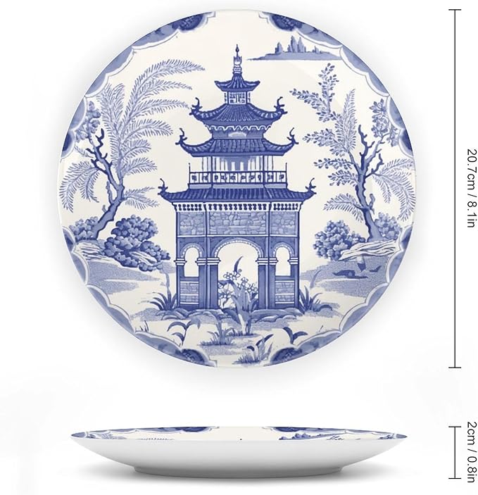 Chinoiserie Blue Asian Pagoda Plates Ceramic of 6", 7", 9", 10", Custom Ceramic Dinner Plates, Farmhouse Table Decorations Display, with Display Stand And Hook Up