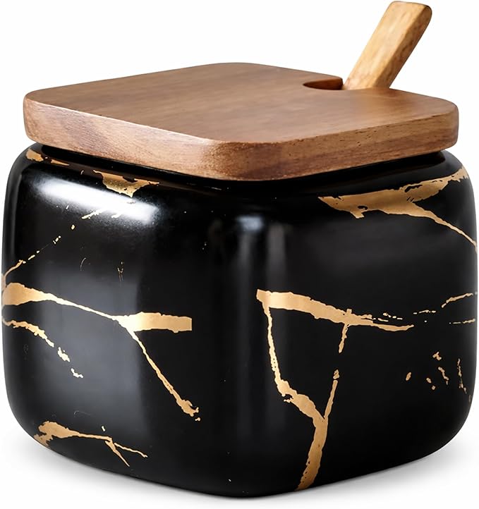 Marble Ceramics Sugar Bowl Ceramic Seasoning Box Ceramic Spice Jars Porcelain Condiment Pots with Lid and Spoon (Black)