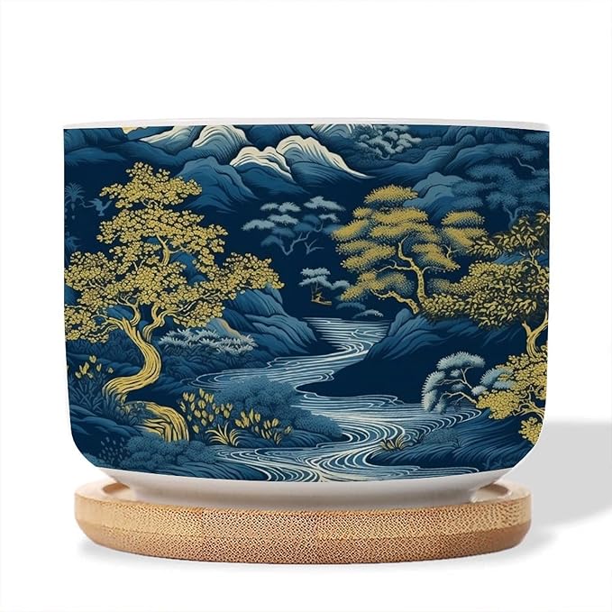 2 Piece Blue Indigo and Gold Asian Scenery Small Ceramics Planters Chinoiserie Chic Asian Succulents Pots with Drainage Bamboo Trays Navy Blue Mountain Ceramics Pots for Plants