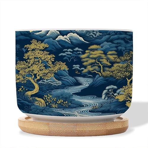 1 Piece Blue Indigo and Gold Asian Scenery Small Ceramics Planters Chinoiserie Chic Asian Succulents Pots with Drainage Bamboo Trays Navy Blue Mountain Ceramics Pots for Plants