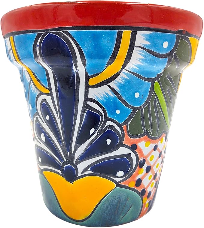 Cactus Canyon Ceramics Talavera Planter, Hand-Painted Mexican Traditional Ceramic Pot with Drainage Hole, Indoor Outdoor Rustic Botanical Terracotta, 7 Inch, Red Multicolor