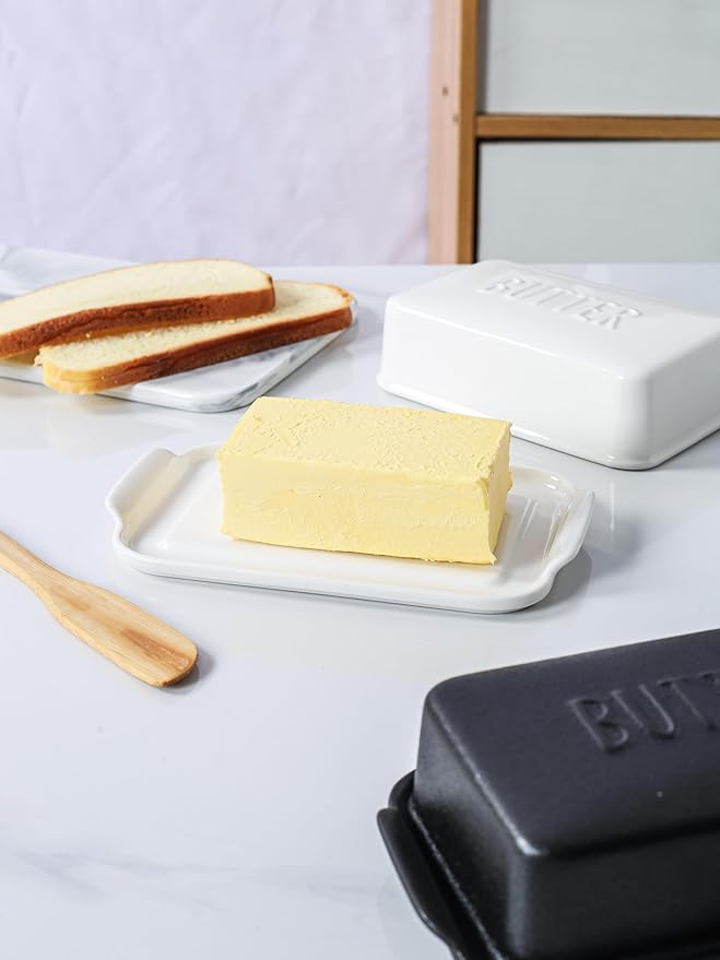 Porcelain Covered Butter Dish with Lid for Countertop Butter Holder Container for One Stick of Butter. Textured Tray Butter Keeper for Non Slip Storage-White Small