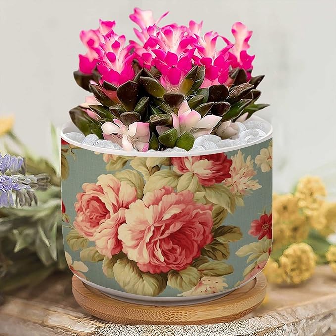 1 Piece Ceramics Planter Pink Cabbage Roses Romantic Small Pots for Succulents Cottage Chic Antique Pink Flower Houseplant Pot for Succulent Japanese Chinoiserie Plant Pot