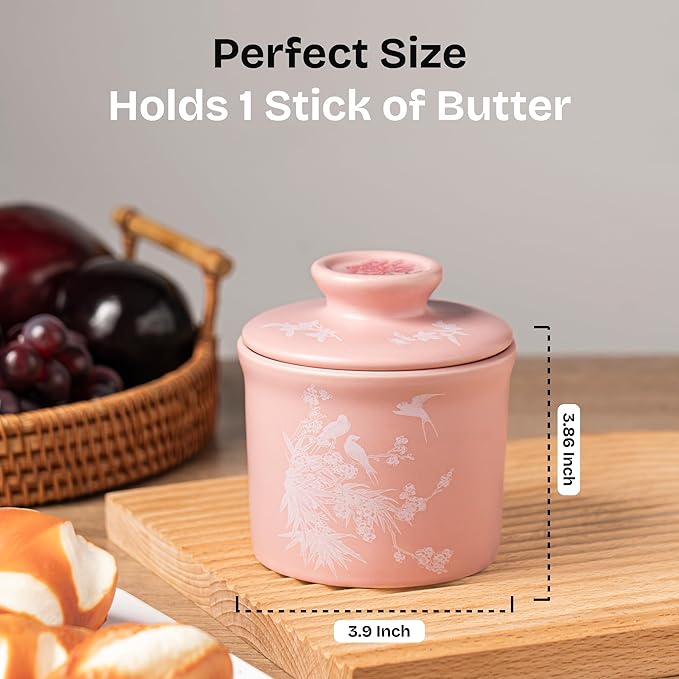 Stoneware Butter Crock with Lid, Ceramic Butter Dish with Water Line, Countertop Butter Keeper, Butter Holder for Countertop, Pink