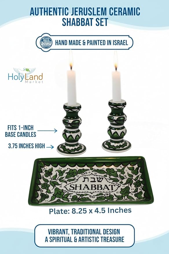 Holy Land Market Shabbat Candlestick Set - Colorful Ceramic Candlesticks with Matching Plate for Shabbat and Holidays (Green)