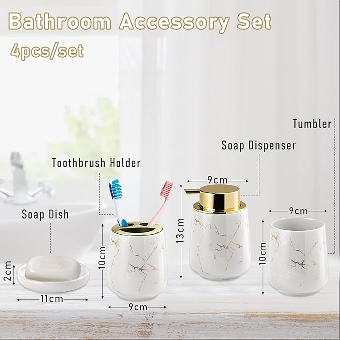 YYW Ceramic Bathroom Accessory Set, Marble Soap Dispenser Washing Set- Hand Lotion Dispenser Pump, Toothbrush Holder,Tumblers, Soap Dish-Refillable Liquid Dispenser (White Four Piece)