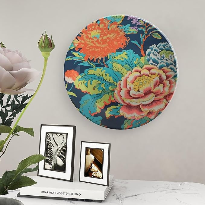 Chinoiserie Peony Floral Decorative Plate for Display Beautiful Exotic Chinoiserie Office Home Supplies Household Kitchen Holiday Party Decorations Customize Gifts for Men Women Birthday
