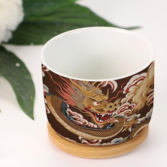 Antique Chinoiserie Dragon Ceramics Plant Pot Set of 1 Dragon Gold Oriental Style Asian Succulents Plants Live with Pot with Drainage Asian Scenery Chinoiserie Small Ceramics Plant Pot