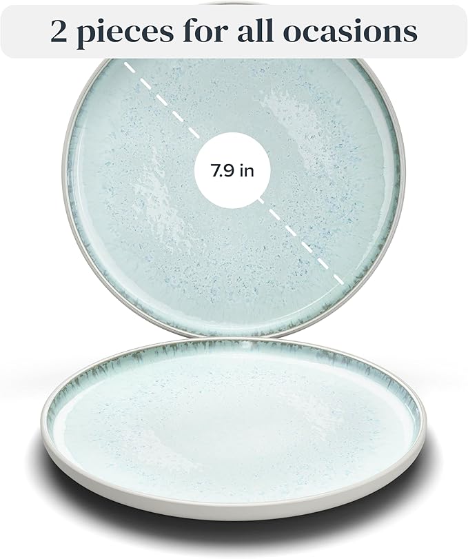 Stoneware breakfast & dessert plates set 2 pcs – Light beige & blue stylish cake plates – Dishwasher, microwave and scratch resistant – Small salad plates – Dinner service