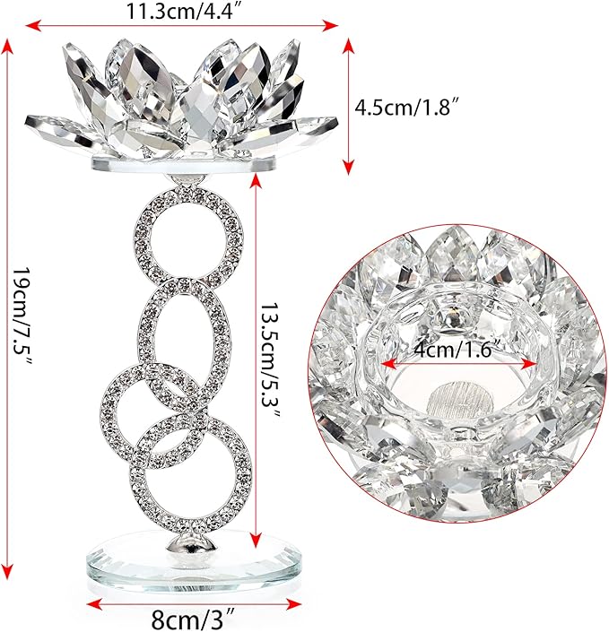 OwnMy Set of 2 Crystal Lotus Flower Candle Holders Metal Glass Lotus Pillar Candlestick Holders, Silver Crystal Lotus Tealight Candlesticks Votive Candle Stands for Wedding Table Centerpiece, 7.5" H