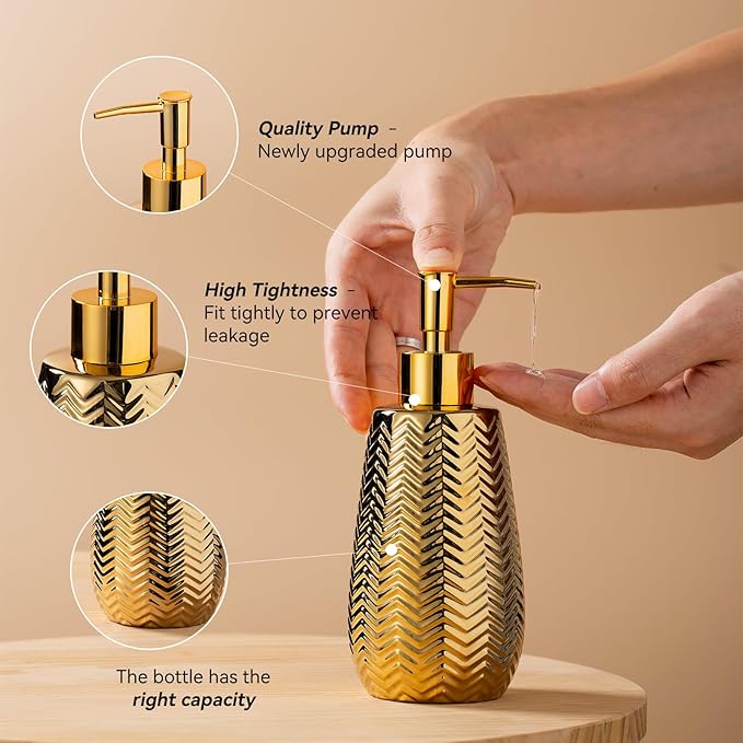 Gold Soap Dispenser,Wavy Design Ceramic Lotion Soap Dispenser for Bathroom, Kitchen, Hand Soap, Dish Soap, Bathroom Countertop
