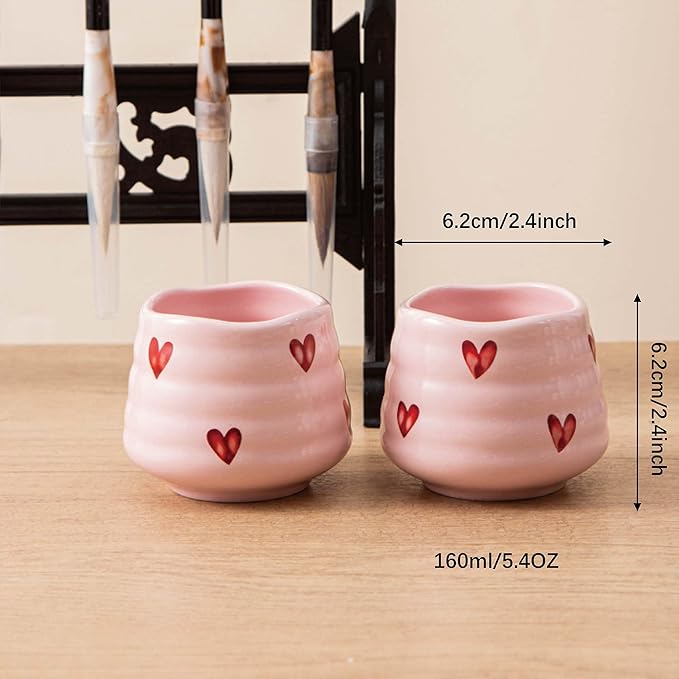 4pcs Japanese Tea Cup Set – 160ml 5.4OZ Ceramic Matcha Cup, Small Handless Espresso Cups, Cute Coffee Mugs for Valentine (Pink Love)