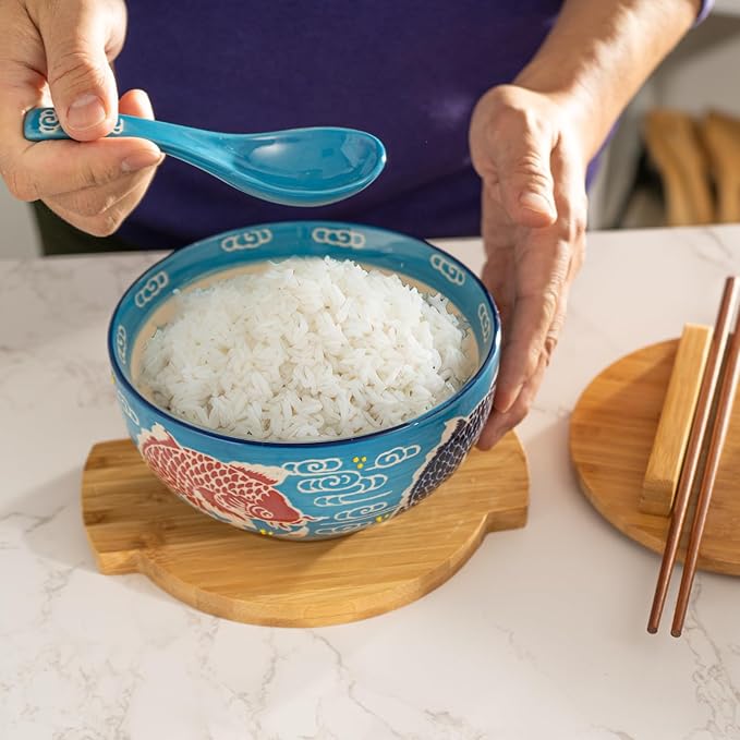 Urban Tokyo Japanese Kamameshi Style Ceramic Glazed Japanese Ramen Udon Pho Noodle Bowl With Spoon, Bamboo Lid, Chopsticks and Trivet 5 Piece Set (Japanese Koi Fish), BCH625