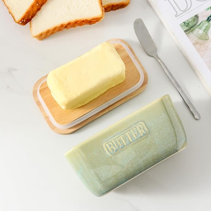 HVH Ceramic Butter Dish with Lid for Countertop, Airtight Butter Keeper with Turquoise Wooden Lid (6 x 3.5 x 2.7)