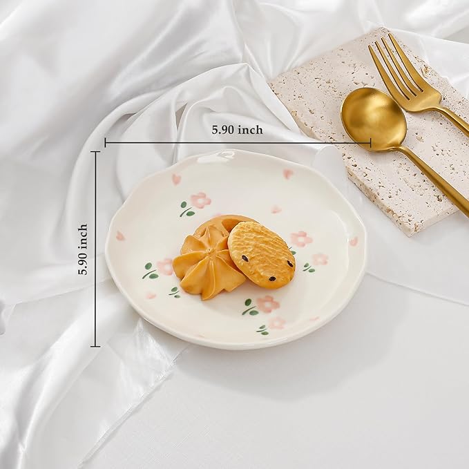 Koythin Ceramic Dessert Plates, Cute Fruits Dinner Plate, Printed Flowers Dinnerware for Office and Home, Kitchen Plates for Desserts (Double Flowers Blossoming)