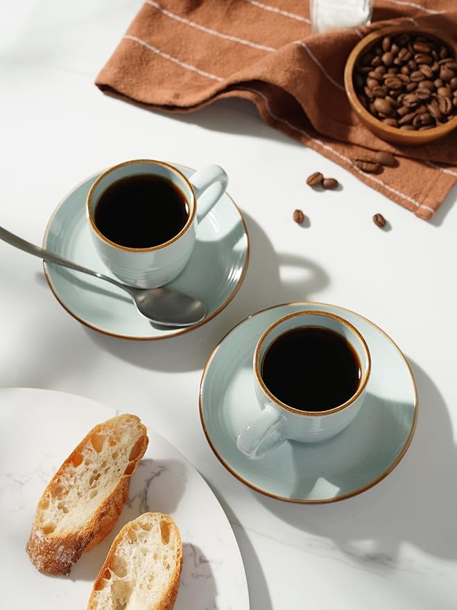 famiware Jupiter Espresso Cups and Saucers Set of 4, 3 oz Ceramic Small Coffee Mug with Handle, Spiral Stoneware Demitasse Cup for Tea, Latte, Cafe - Microwave & Dishwasher Safe, Light Blue