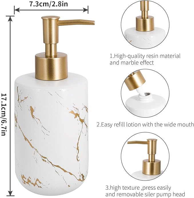 White Marble Ceramic Bathroom Set (4-Piece) - Elegant Soap Dish, Gold Pump Dispenser & Tumblers for Vanity, Sink & Bathroom Decor