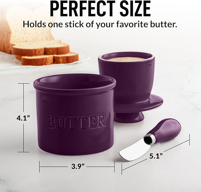 Zulay Kitchen Bell Shaped Butter Crock with Lid for Countertop with Water Line & Spreader Knife, Ceramic French Butter Dish Keeper For Fresh, Soft & Spreadable Butter - Purple