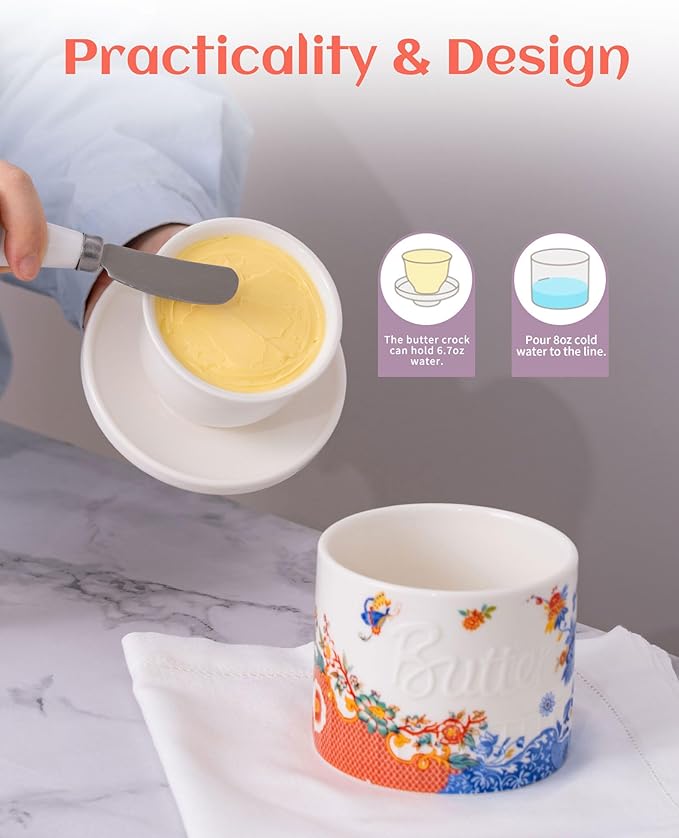 TEATALK French Butter Keeper - Vintage Boho Ceramic Butter Crock for Counter, Colorful Floral Porcelain Butter Dish with Lid, Stay Soft Spreadable Butter Container, 6.7 oz Aesthetic Kitchen Decor