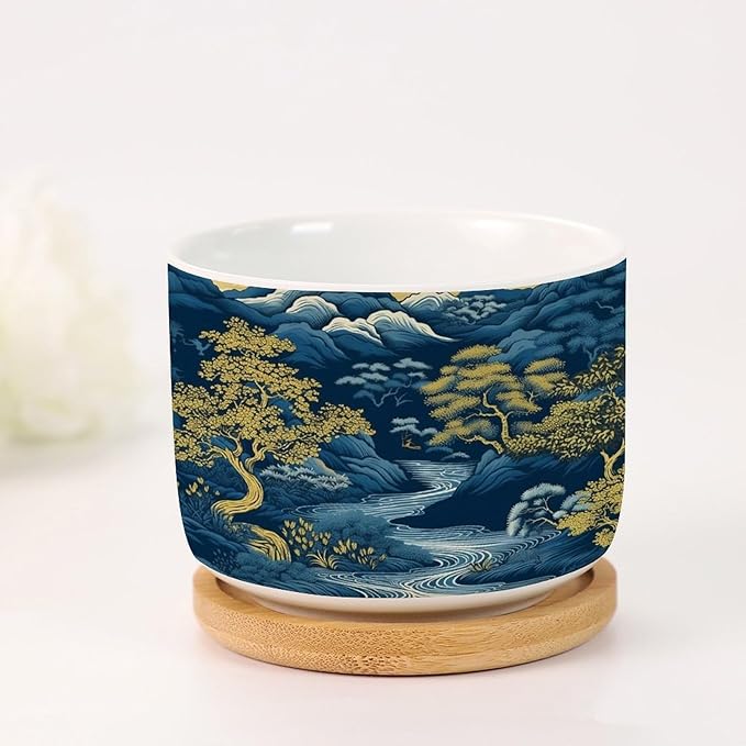 2 Piece Blue Indigo and Gold Asian Scenery Small Ceramics Planters Chinoiserie Chic Asian Succulents Pots with Drainage Bamboo Trays Navy Blue Mountain Ceramics Pots for Plants