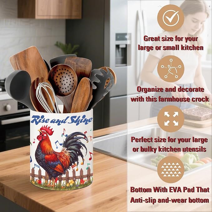 Rooster Kitchen Decor, 6.5inch Ceramic Utensil Holder with Rooster Design, Rustic-Style Indoor Kitchen Utensil Storage Rack, Ideal for Spoon Storage and Cooking Tools,Gift for Kitchen Organizers