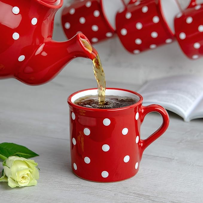 City to Cottage Handmade Red and White Polka Dot Ceramic Extra Large 17.5oz/500ml | Hot Chocolate, Coffee, Tea Mug, Cup with Handle Unique Designer Pottery Gift for Tea Lovers