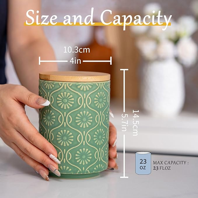 TEATALK Ceramic Canister with Airtight Lid, Perfect for Coffee, Sugar, Tea Storage, 23 Fl Oz, Green