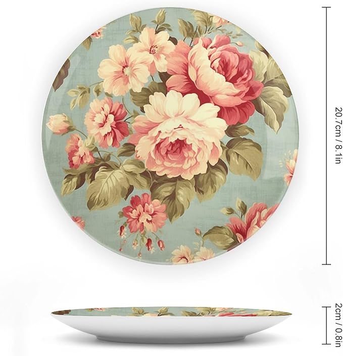 China Plates Pink Cabbage Roses Romantic Aqua Personalized Decor for Art Decoration Home Festival Wedding Ceramic Dinner Plates with Display Stand And Hook Up, Multi Sizes, Gifts for Men Women
