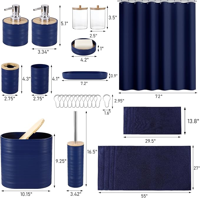 Navy Blue Bathroom Set, Bathroom Accessories Set with Shower Curtain, Bath Towel Set, Blue Shower Curtain Set with Bathroom Trash Can, Soap Dispenser, Soap Dish for Home Decor