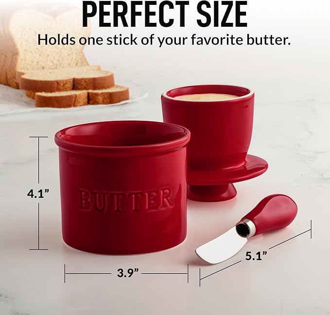 Zulay Kitchen Bell Shaped Butter Crock with Lid for Countertop with Water Line & Spreader Knife, Ceramic French Butter Dish Keeper For Fresh, Soft & Spreadable Butter - Garnet