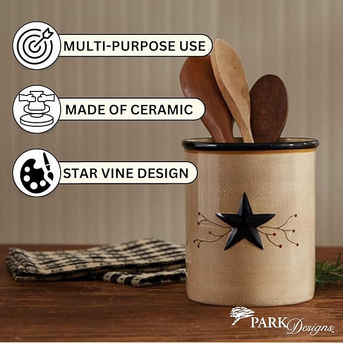 Park Designs Star Vine Utensil Crock | Primitive Farmhouse Decor | Ceramic Utensil Holder for Countertop | Vintage Spoon Holder for Cooking Tools | Rustic Counter Organizer | 6.5” Tall